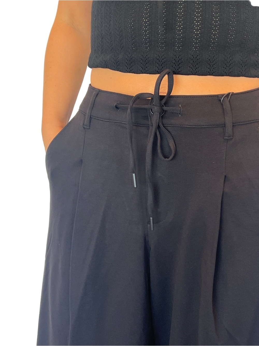 Black High-Waist Drawstring Wide Leg Pants